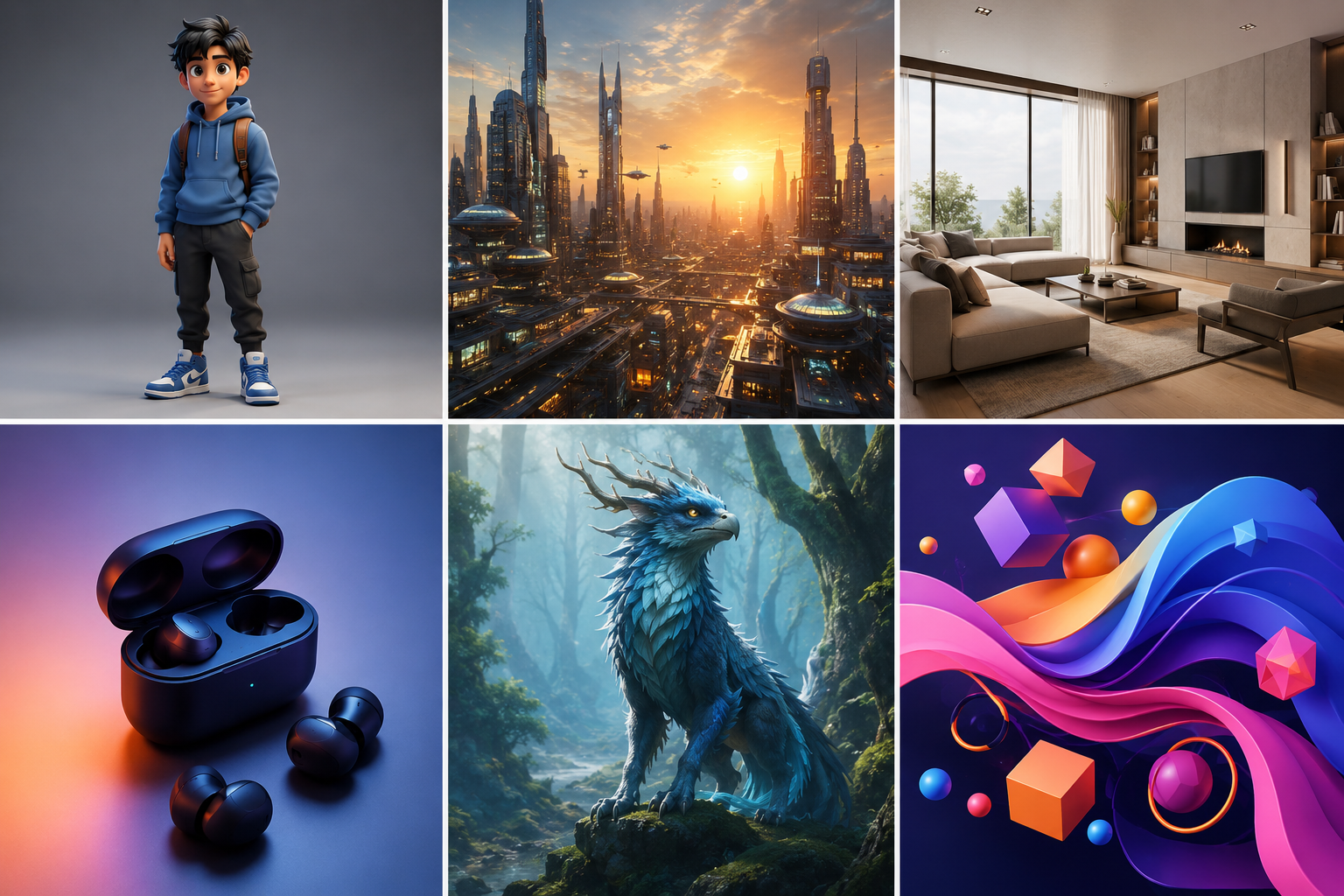 A six-panel grid showcasing the breadth of 3D work made in Blender: a stylized cartoon character in a blue hoodie, a sci-fi cityscape at golden hour, a photorealistic minimalist living room interior, a polished product render of wireless earbuds in a case, a fantasy feathered creature in a misty forest, and abstract colorful motion graphics with floating geometric shapes.