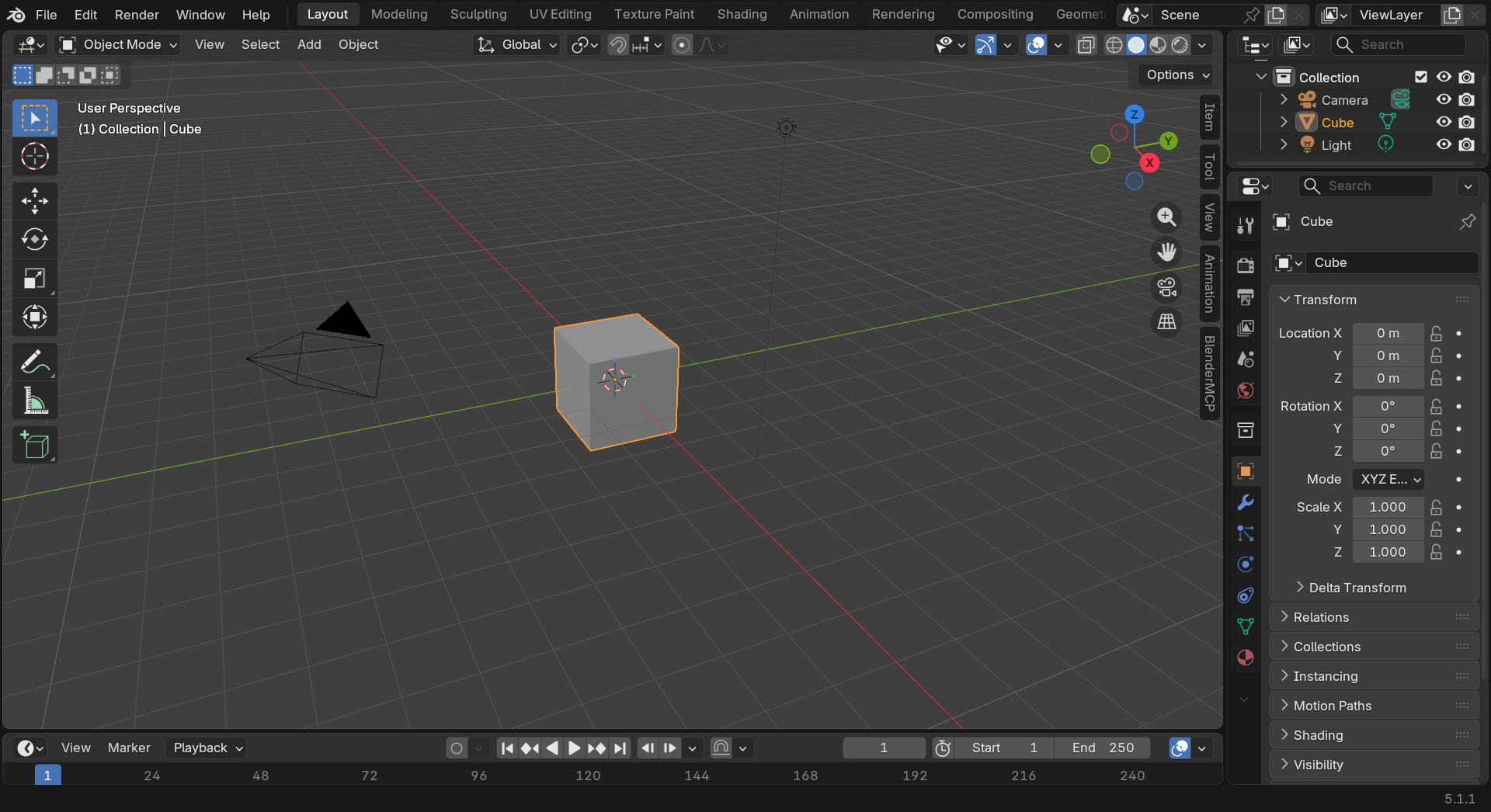 The Blender 5.1.1 Layout workspace on first launch. Workspace tabs run across the top header: Layout (active), Modeling, Sculpting, UV Editing, Texture Paint, Shading, Animation, Rendering, Compositing, and Geometry Nodes. The 3D viewport fills the center, showing the default cube selected at the world origin with a camera wireframe and a light visible nearby. The toolbar sits along the left edge, the Outliner and Properties panel are docked on the right, and the timeline runs along the bottom.