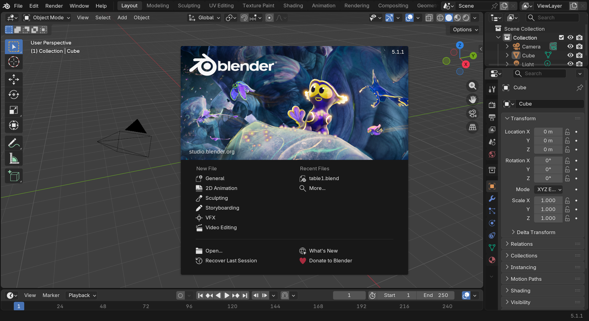 Blender's splash screen on first launch, showing the version number, a featured artwork background, a New File column listing template options (General, 2D Animation, Sculpting, Storyboarding, VFX, Video Editing), a Recent Files list, and links to Open, Recover Last Session, What's New, and Donate to Blender.
