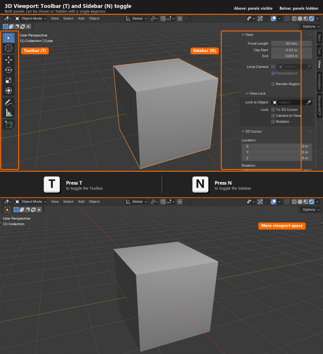 Two viewport screenshots placed side by side: on the left the Toolbar and Sidebar are both visible along the viewport edges, on the right both panels are hidden after pressing T and N, leaving the full viewport area open.