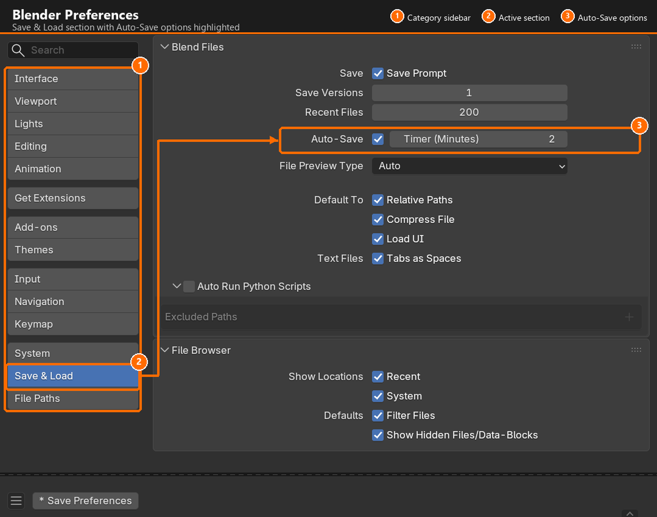 Screenshot of Blender's Preferences window with the left-side category sidebar (Interface, Themes, Viewport, Input, Save and Load, System, Add-ons, and more) and the settings panel for the selected category on the right.