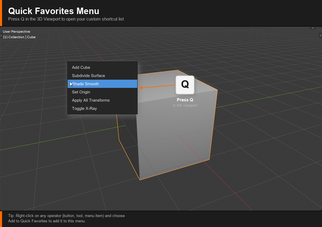 Screenshot of the Quick Favorites pop-up menu opened with the Q key in Blender, showing a short list of user-added operators ready to be triggered with a click.