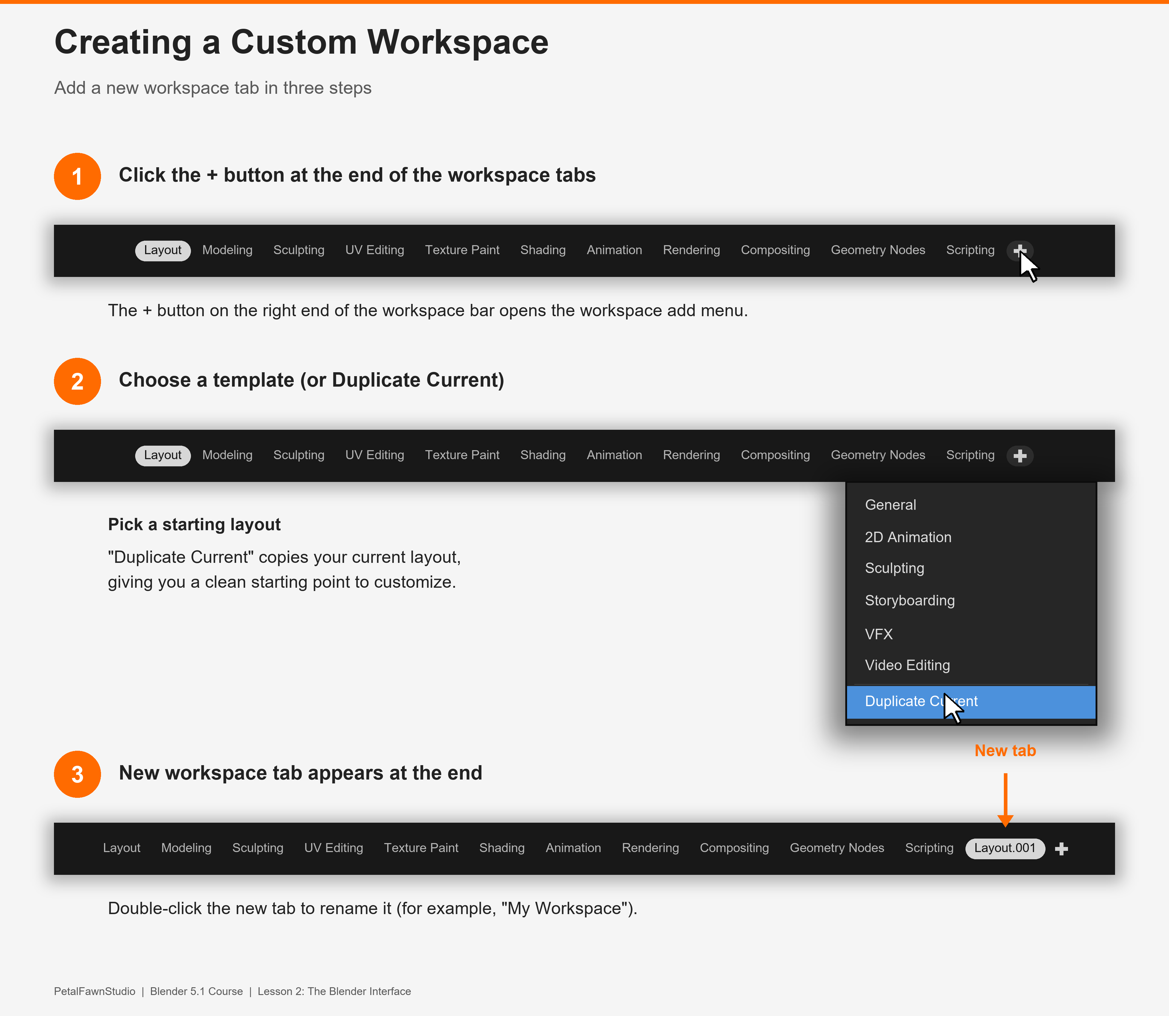 Screenshot showing a new workspace tab being added in Blender: the plus button at the end of the workspace tab strip is highlighted, with a popup offering options to duplicate the current workspace or pick a preset to start from.
