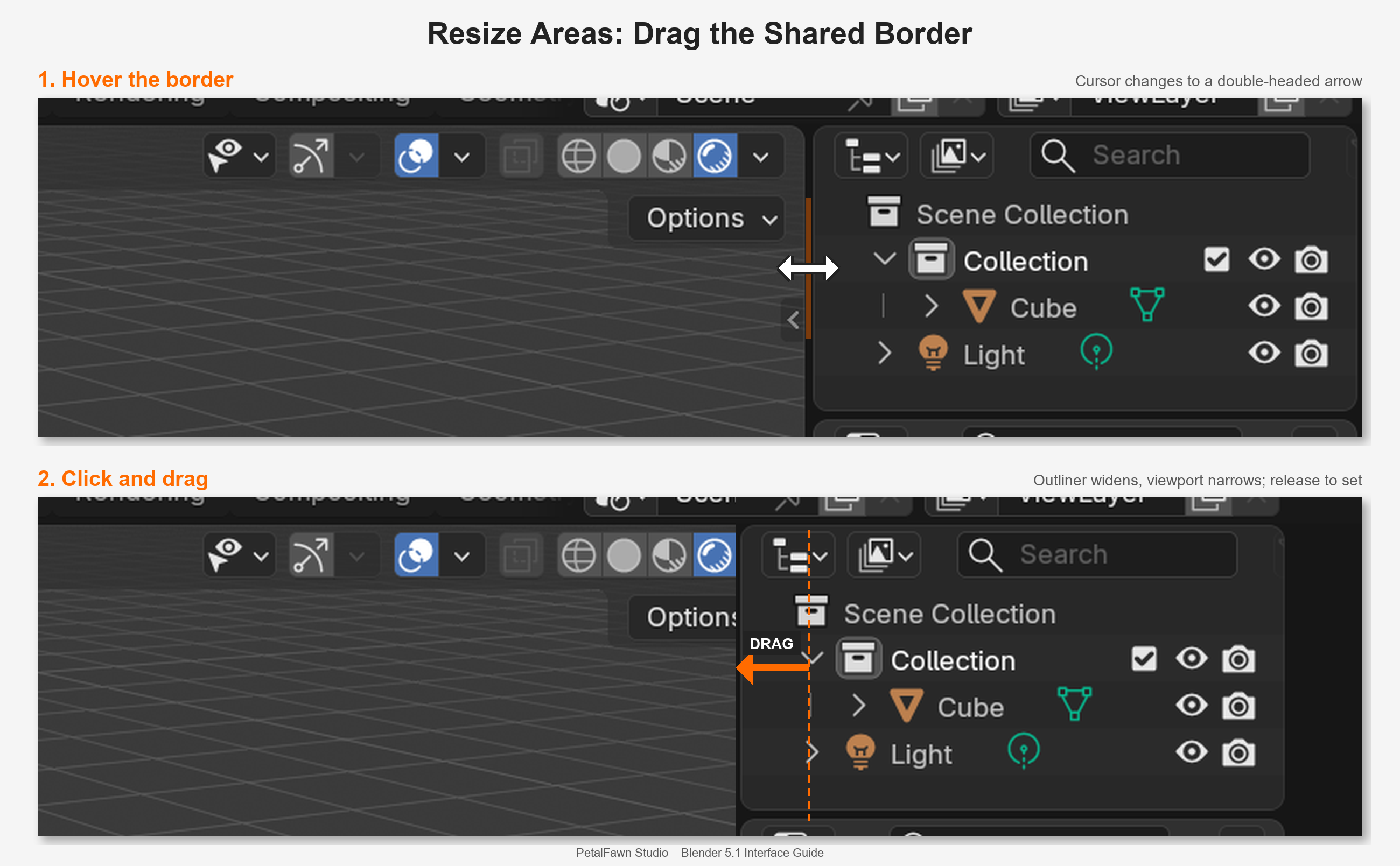 Screenshot showing the resize cursor on the border between two Blender areas: the pointer sits exactly on the dividing line and changes to a double-headed arrow, ready to drag the border in either direction.