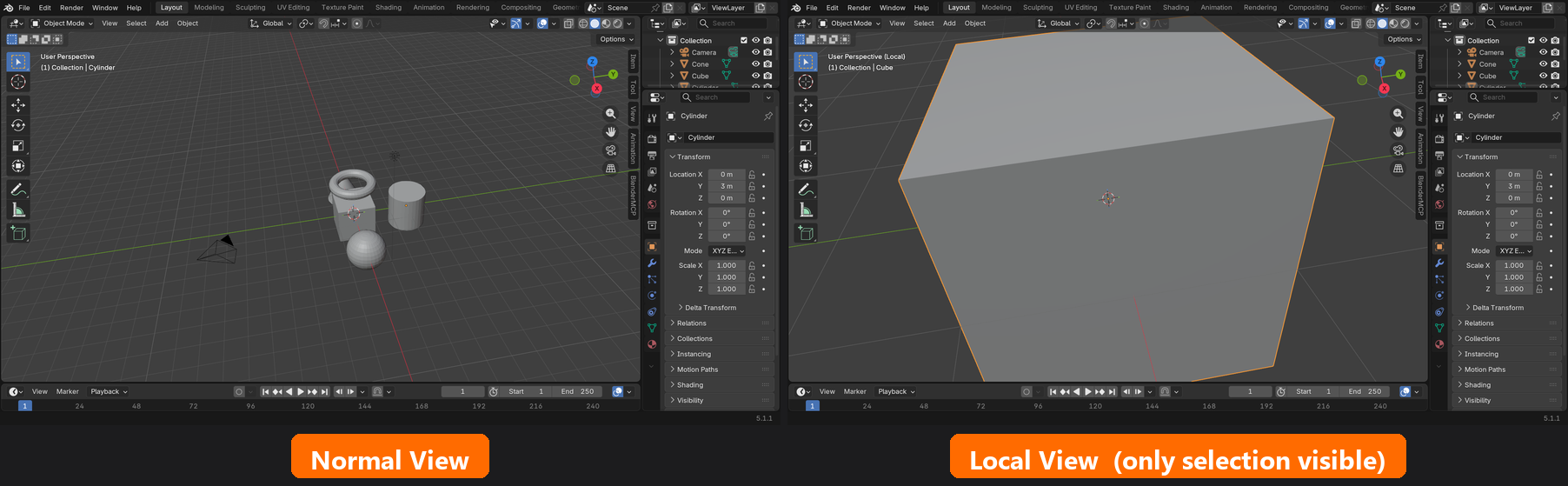 Before and after composite. Top shows the full scene with cube, light, and camera all visible. Bottom shows Local View active, with only the selected cube remaining and the rest of the scene hidden.