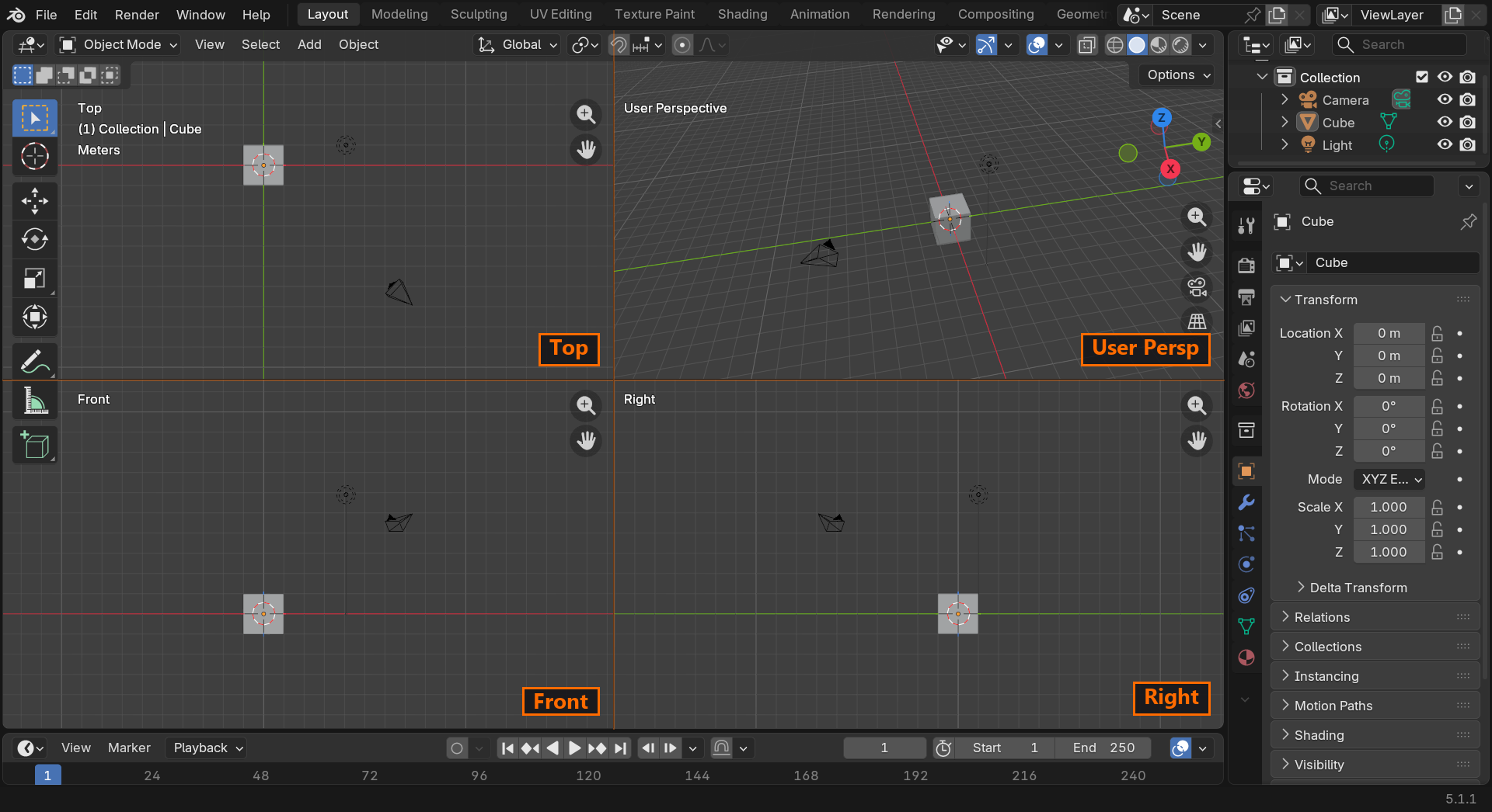 Blender quadview after pressing Ctrl Alt Q. The viewport is split into four panes, each showing the default cube from a different angle. Corner labels in Blender orange name the panes: Top in the top-left, User Persp in the top-right, Front in the bottom-left, Right in the bottom-right.