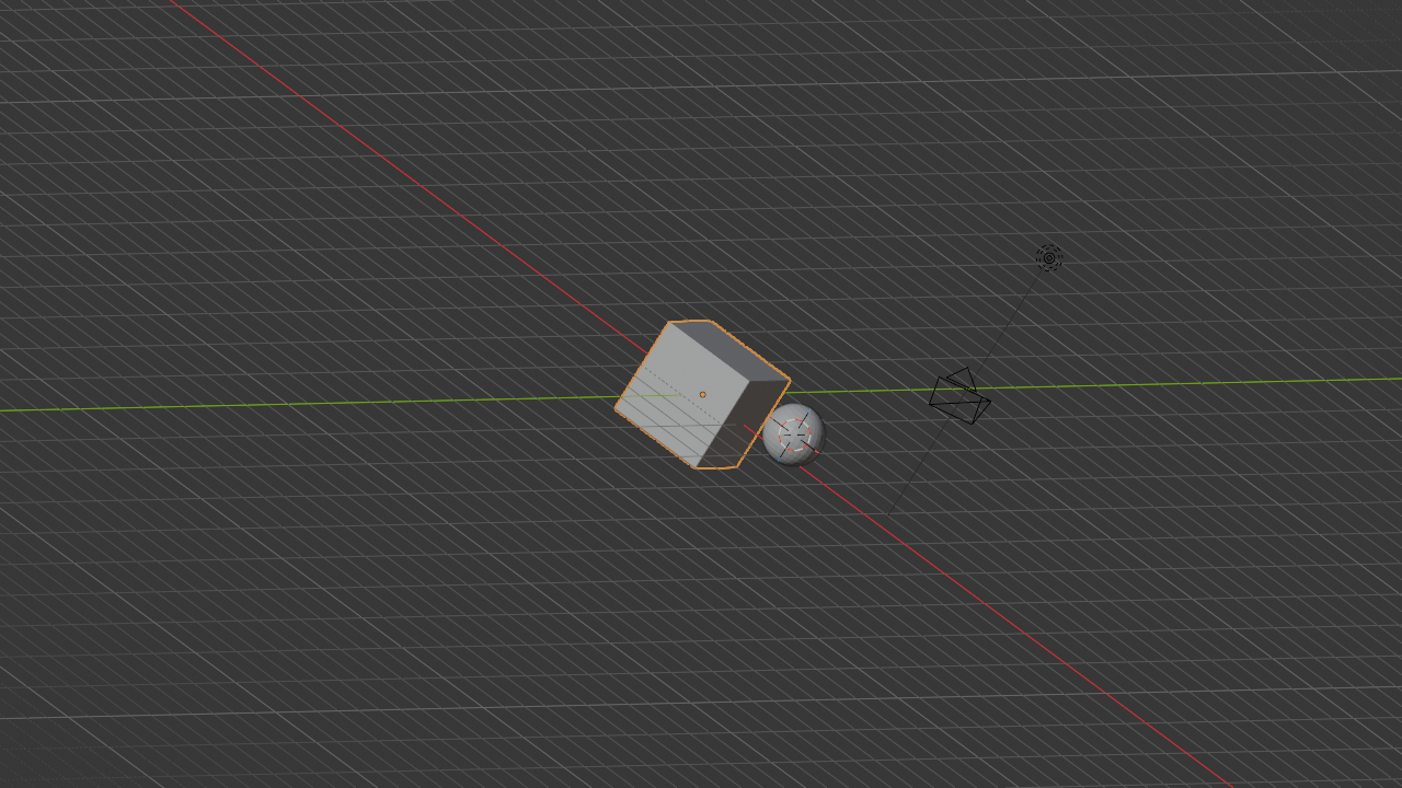 Blender 3D viewport. The default cube sits at the world origin carrying a bright orange selection outline. Off to the right, the red and white 3D cursor target sits on top of a small UV sphere that was added at the cursor location, demonstrating that new objects spawn wherever the cursor is. The viewport floor grid recedes into the distance with red and green world axis lines crossing through the cube.
