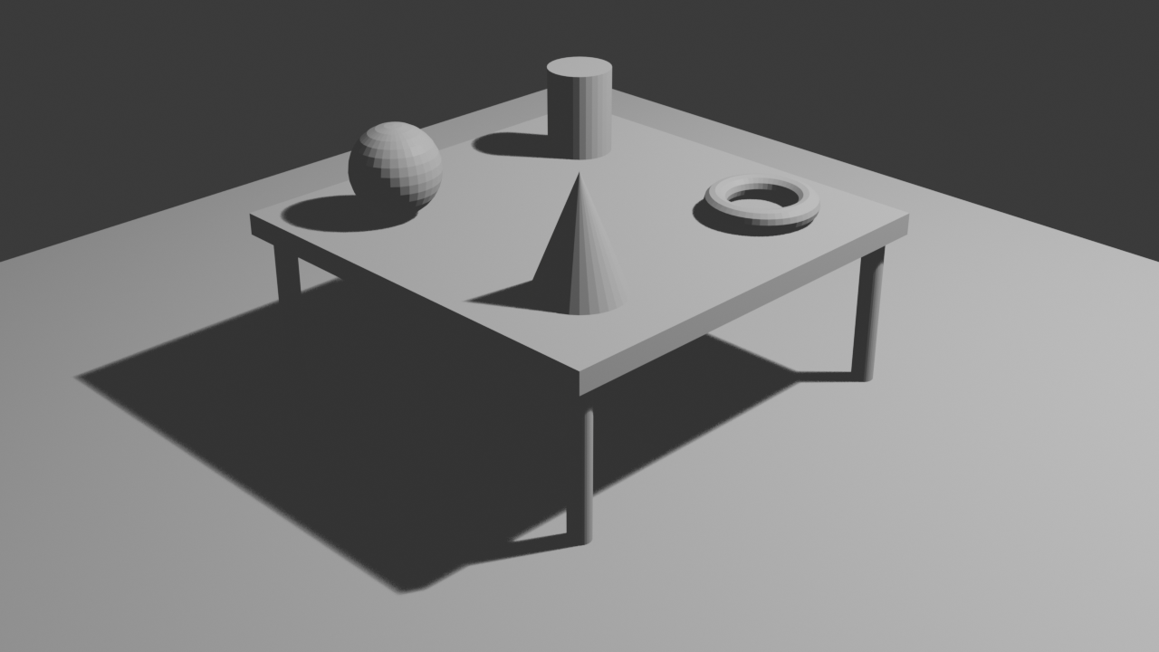 The finished table scene rendered from a three-quarter perspective angle in Blender Eevee: a neutral gray ground plane underneath a square table with four short legs, plus four primitive shapes arranged on the tabletop (UV sphere, cone, torus lying flat, and cylinder). Soft directional lighting from the upper right gives the objects gentle shadows on the table surface; default neutral gray materials throughout.
