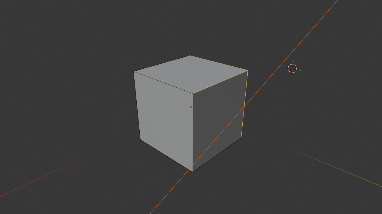 Blender Edit Mode viewport showing the default cube with edge select mode active and three edges meeting at the top-front-right corner highlighted in orange.