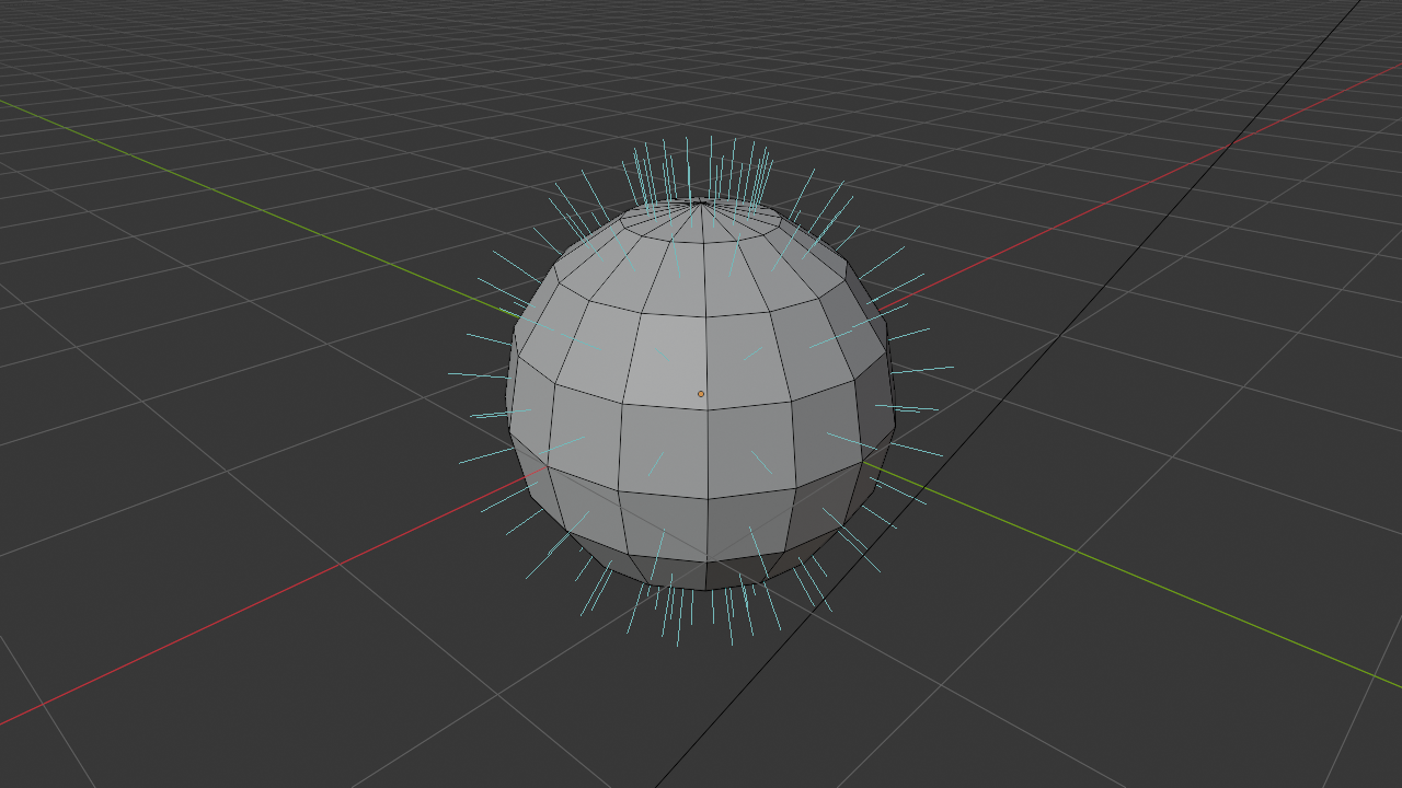 Blender Edit Mode viewport showing a UV sphere with the Face Normals overlay enabled; short green arrows project outward from the center of every face, indicating the direction each surface is pointing.