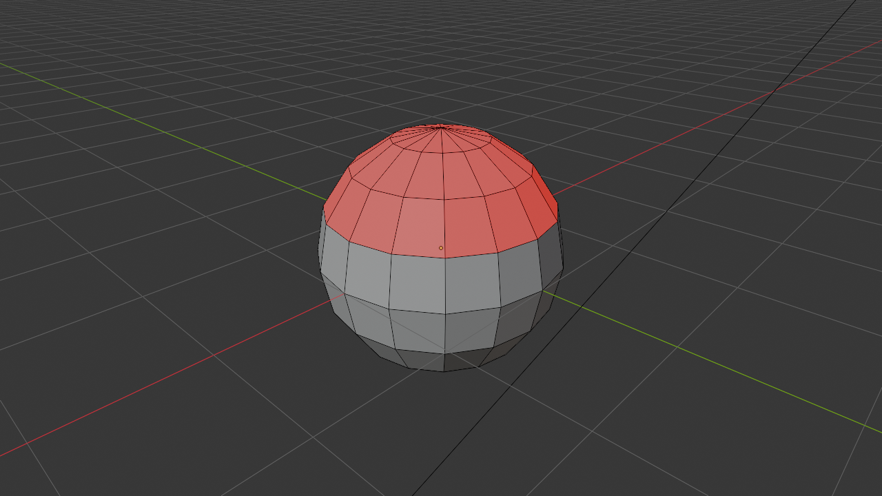 Blender Edit Mode viewport showing a UV sphere with the Face Orientation overlay enabled; the top third of the sphere renders red (flipped normals pointing inward) while the lower portion renders with a faint blue tint (correctly outward-pointing normals).