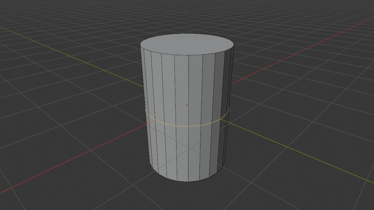 A cylinder in Blender's Edit Mode with the horizontal middle edge loop selected, highlighted along its 24-edge ring.