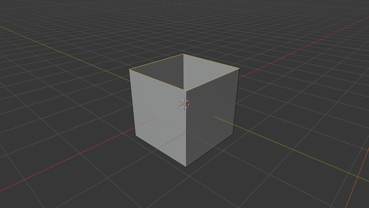 A default cube in Blender's Edit Mode with its top face deleted; the four edges around the open top are selected and highlighted in orange as the result of running Select All by Trait Non Manifold.