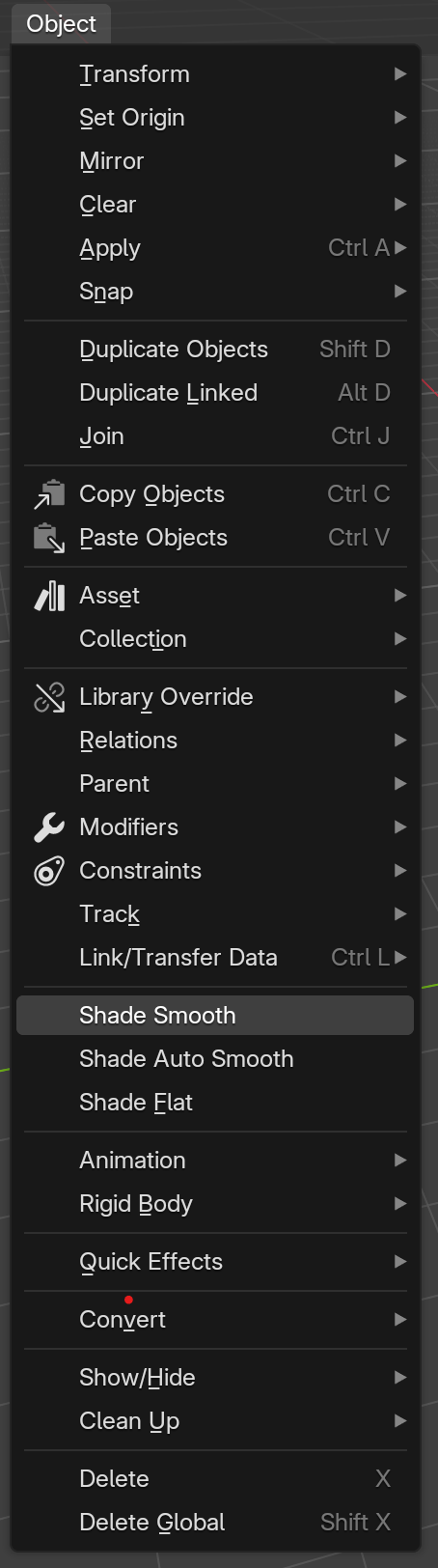 The right-click object context menu in Blender's 3D viewport showing Shade Smooth and Shade Flat options near the top, captured against a viewport background for context.