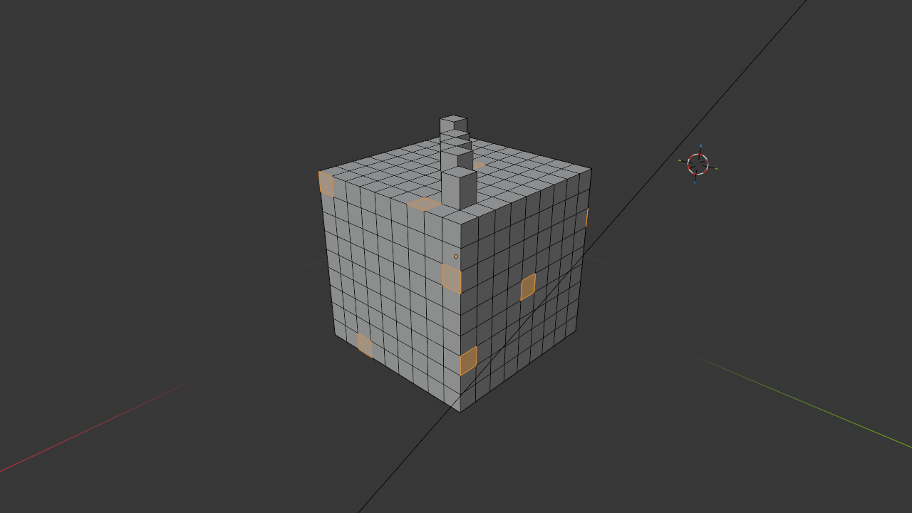 Blender Edit Mode viewport showing a subdivided and extruded cube with the statistics overlay enabled, displaying 506 vertices, 1010 edges, and 506 faces total with 48 vertices, 48 edges, and 12 faces selected.
