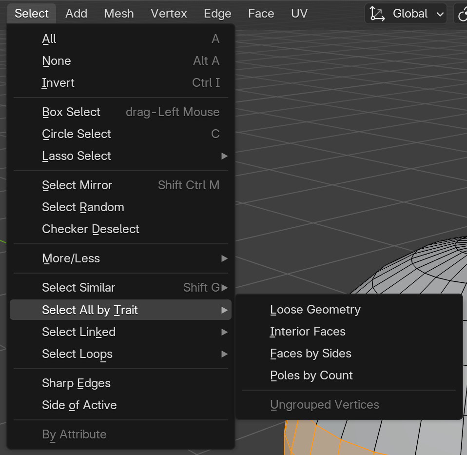 The Select menu in Blender's 3D viewport header opened with the Select All by Trait submenu expanded, showing Loose Geometry, Interior Faces, Faces by Sides, Poles by Count, and Ungrouped Vertices.