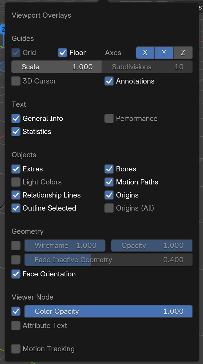 The Viewport Overlays dropdown in Blender, showing Guides, Text, Objects, Geometry, Viewer Node, and Motion Tracking sections; the Geometry section contains the Face Orientation toggle that visualizes normal direction.