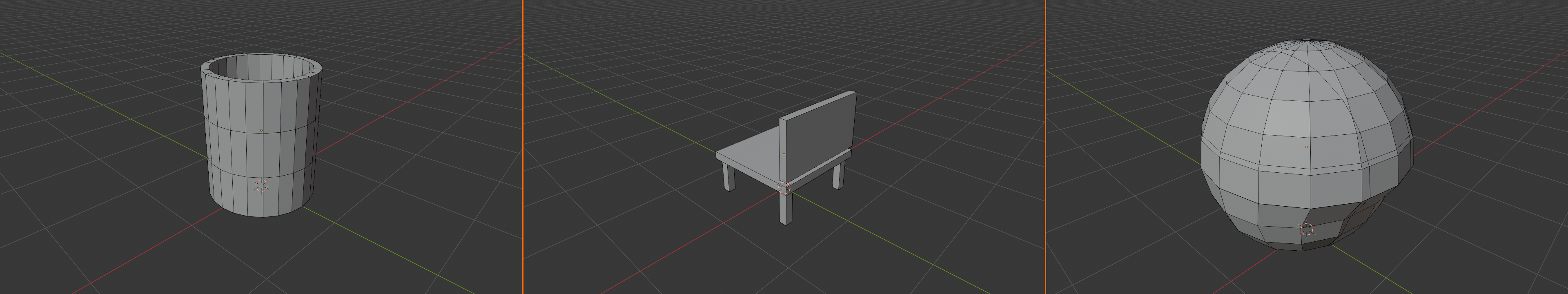 A three-panel composite showing three real-world objects in Edit Mode with wireframe overlay enabled: a cup with handle on the left panel, a four-legged chair in the middle panel, and a low-poly bust head on the right panel; orange vertical dividers separate the panels.
