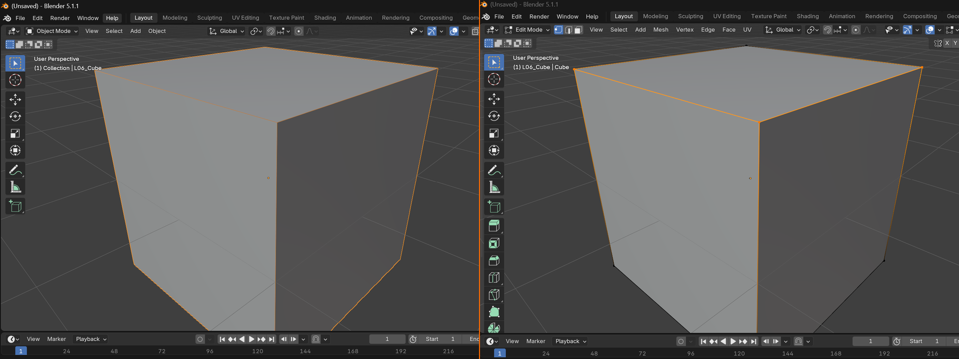 Side by side Blender screenshots. Left: cube in Object Mode with a full orange outline and the mode dropdown reading Object Mode. Right: the same cube in Edit Mode with orange vertex dots at the corners, dark edge lines, and the mode dropdown reading Edit Mode.