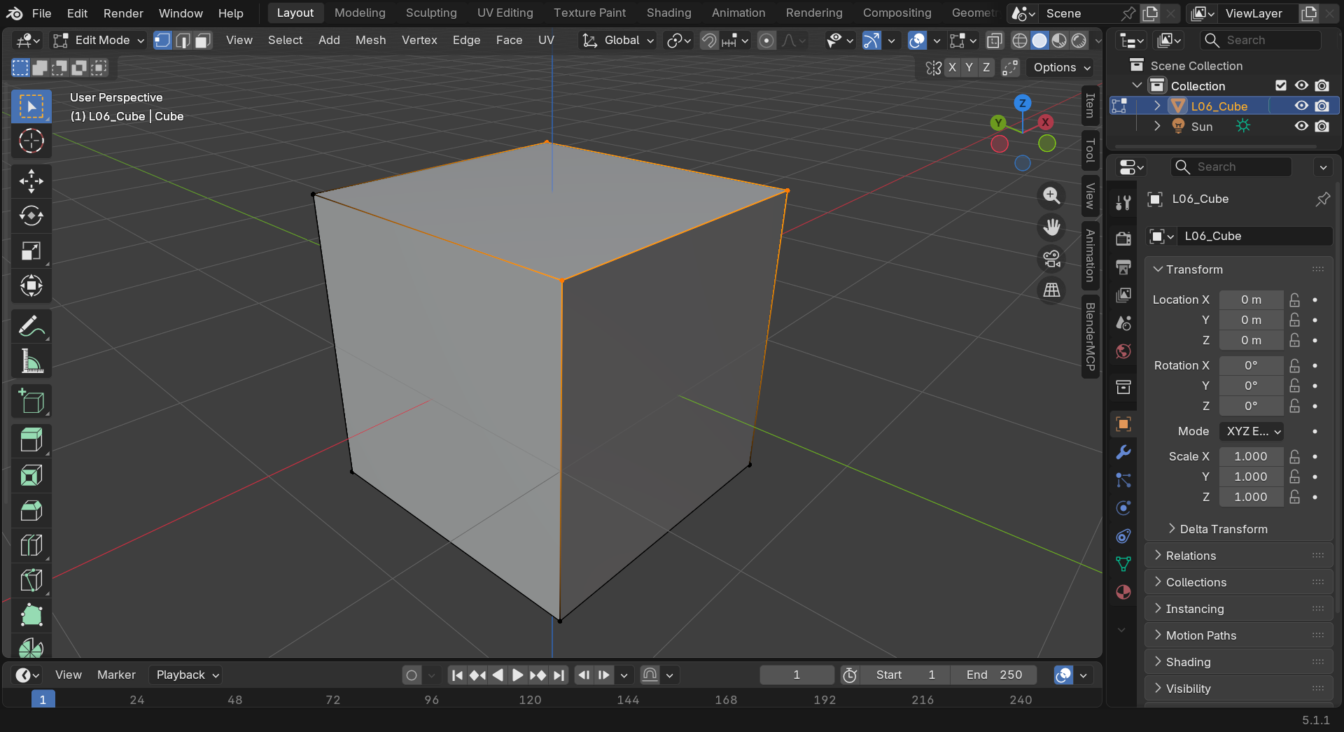 Full Blender window in Edit Mode with a cube. Six interface regions are visible: orange vertex dots at the top corners, dark edges along the bottom and back of the cube, the Edit Mode dropdown in the top left, the Mesh menu in the header strip, the three selection mode icons next to the dropdown, and the Edit specific left toolbar.