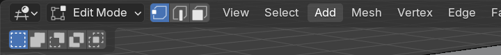 Closeup of the 3D viewport header strip showing the Edit Mode dropdown and the three selection mode icons: vertex (dot), edge (line), and face (triangle). Vertex select is currently active and highlighted blue.