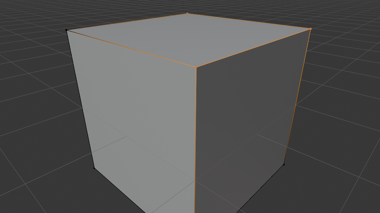 Cube in Blender Edit Mode with vertex select active. Three of the top corner vertices show as bright orange dots; the remaining vertices appear smaller and gray.