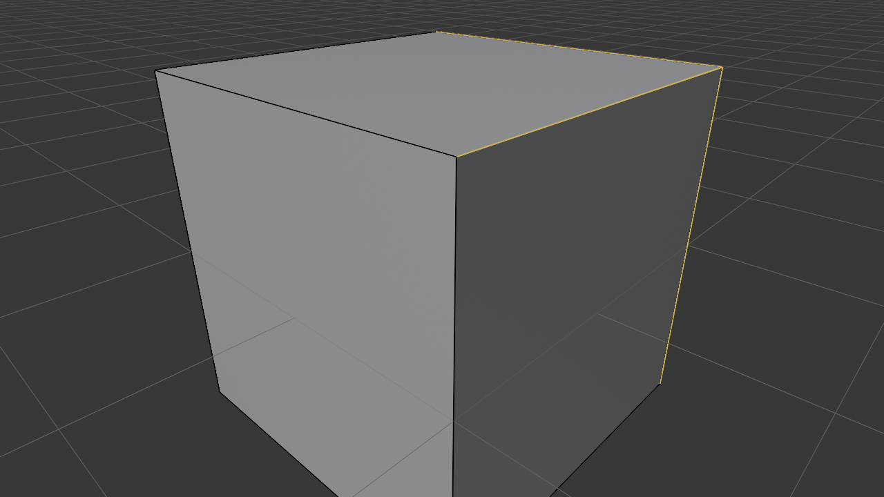 Cube in Blender Edit Mode with edge select active. Three edges around the front top right corner are highlighted bright orange; the rest of the cube's edges stay dark.