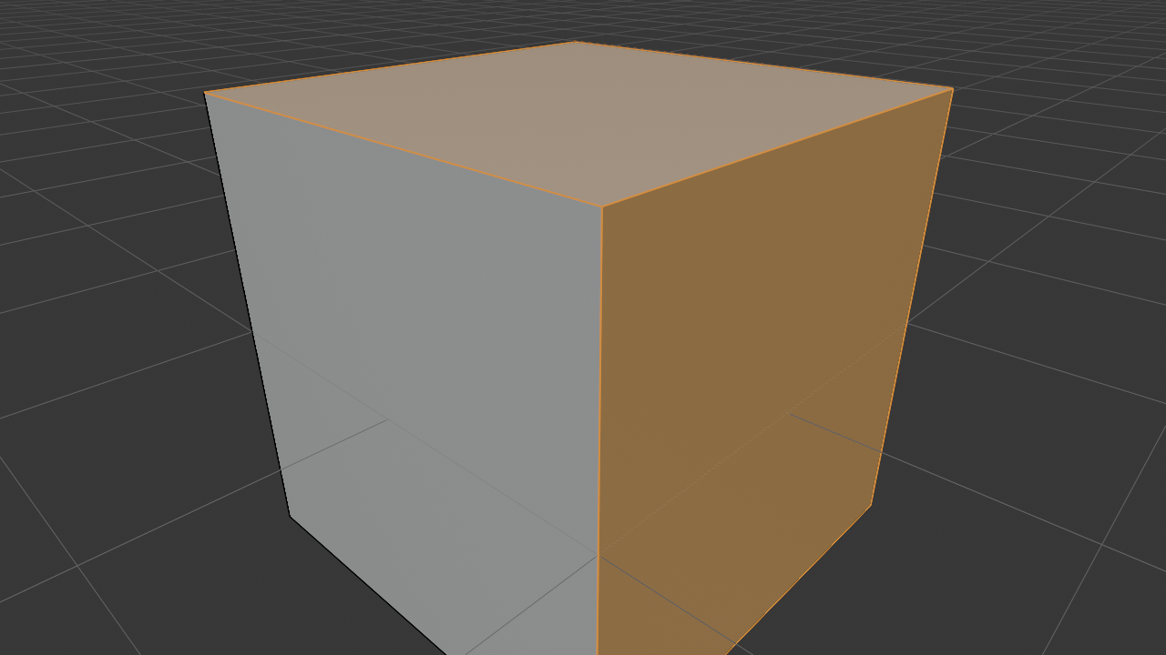 Cube in Blender Edit Mode with face select active. The top face and one adjacent visible side face are filled with a bright orange tint, marking them as selected, while the other faces remain dark gray.