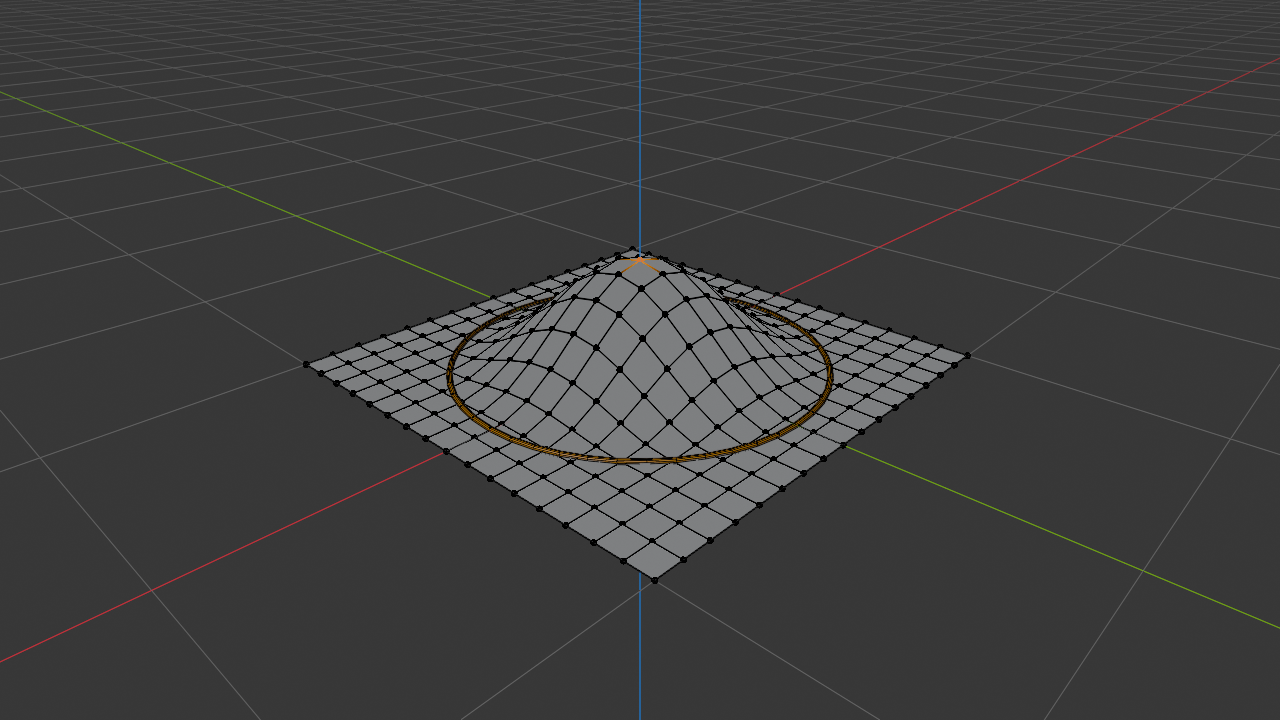 Subdivided plane in Blender Edit Mode with proportional editing active. A center vertex has been pulled up to form a smooth hill, and a bright orange ring marks the influence radius around the base of the hill.