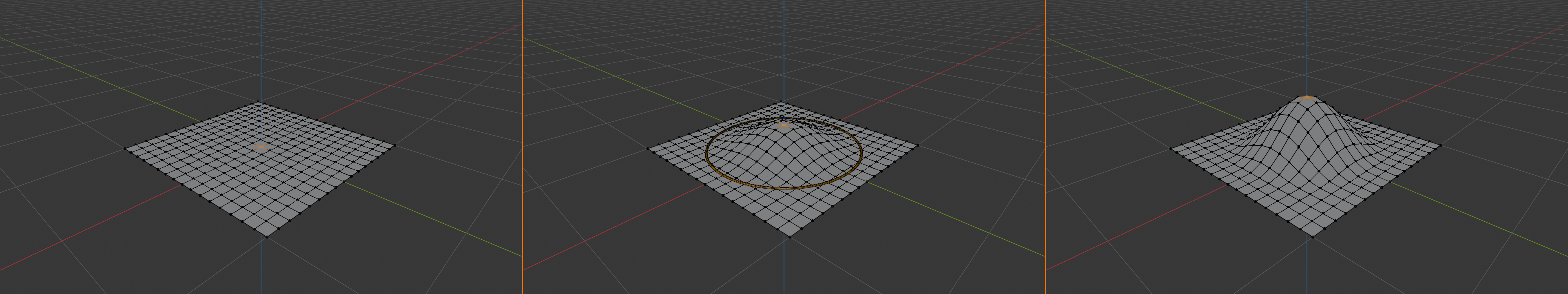 Three panel progression of building a hill with proportional editing. Panel 1: flat subdivided plane with one center vertex selected in orange. Panel 2: same plane part way through the move with the orange influence ring visible and a partial hill forming. Panel 3: completed smooth hill with the surrounding plane returning gently to flat.