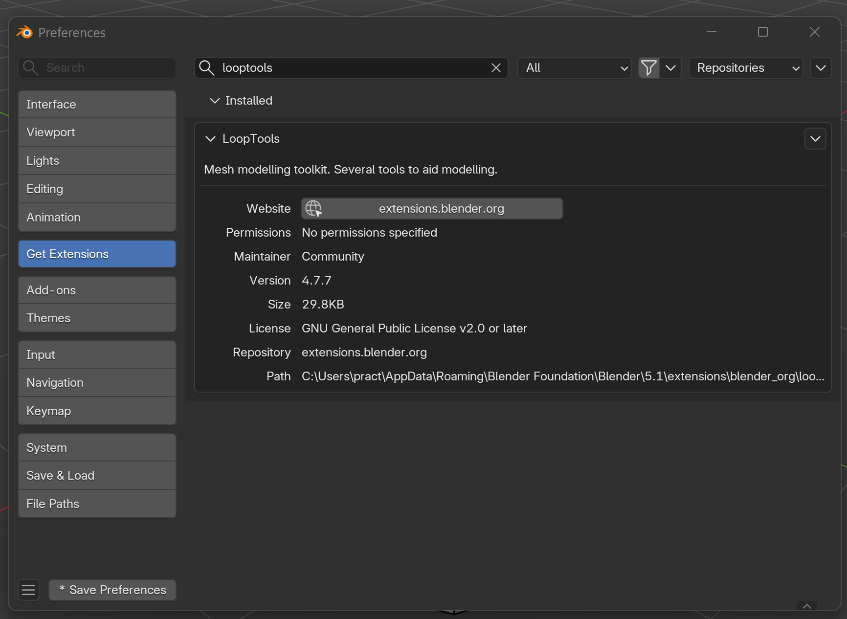 Blender Preferences window with the Get Extensions tab selected on the left tab list. The search box at the top reads `looptools` as one word. Below it, an Installed section header is visible, and a LoopTools card is expanded to its full detail panel showing version 4.7.7, maintainer Community, website extensions.blender.org, file size 29.8 KB, and a GPL v2 or later license. A small unsaved-changes asterisk appears next to a Save Preferences indicator in the lower-left of the window.