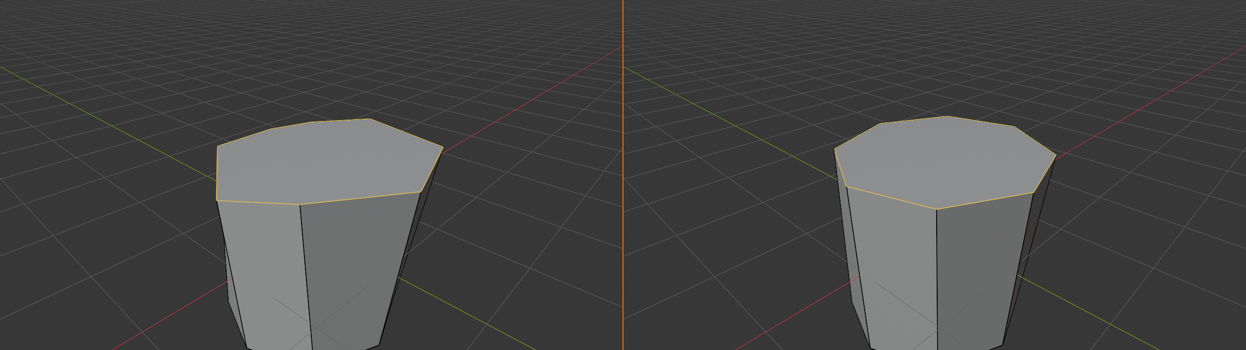 Two-panel before-and-after composite. Left panel: a cylinder in Blender Edit Mode with its top 8-vertex edge loop selected in orange, the vertices clearly jittered in XY so the loop looks irregular and angular. Right panel: the same cylinder after Loop Tools Circle, with the same 8 vertices now evenly redistributed around a perfect circle. A 2 px Blender-orange vertical divider separates the two panels.