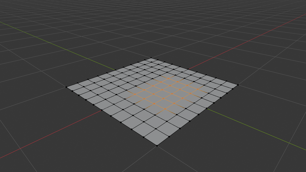 Subdivided 10-by-10 grid plane in Blender Edit Mode with vertex select active. A rectangular block of 20 vertices (4 rows by 5 columns) is selected in orange. A white dashed rectangle outline traces just outside the selected block to indicate the area that was Box-Selected to produce this result.
