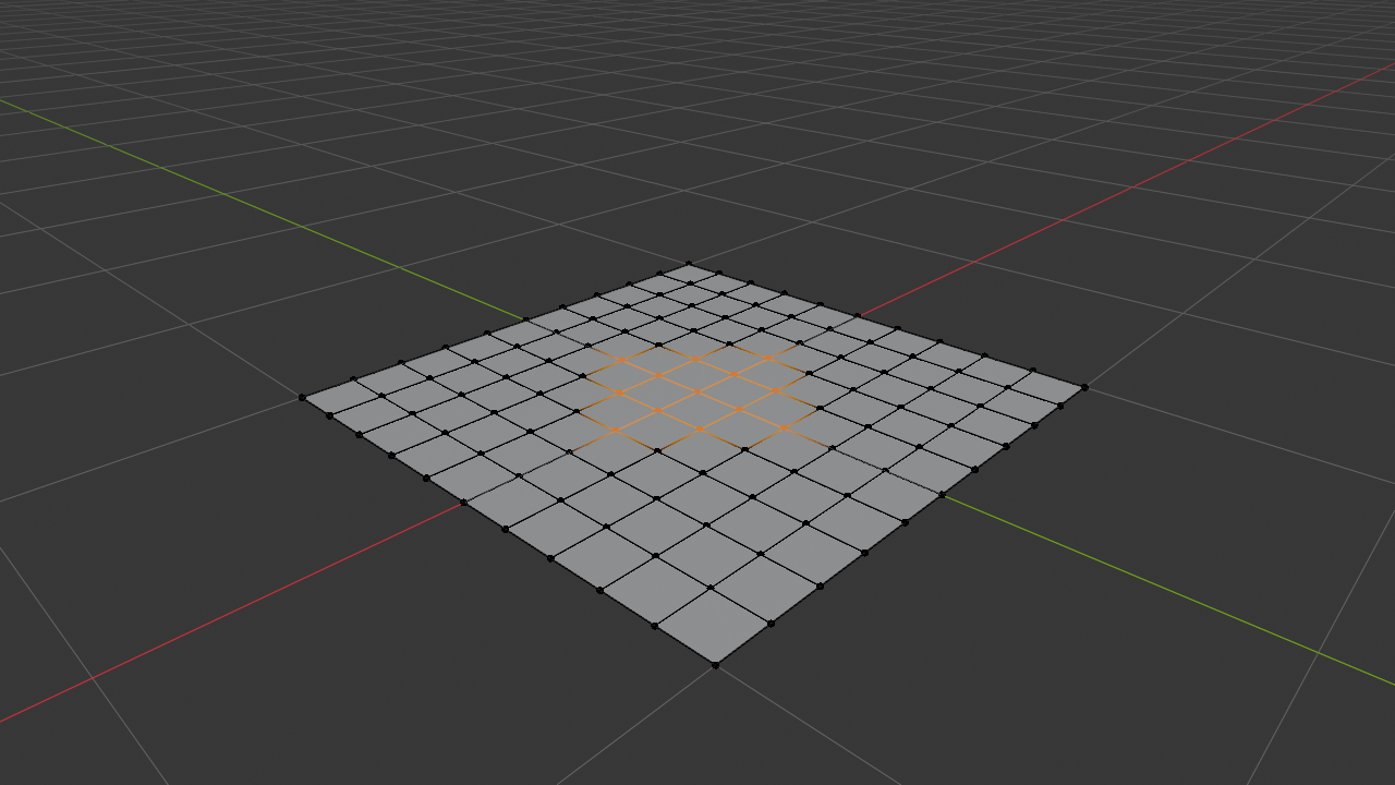 Subdivided grid plane in Blender Edit Mode with vertex select active. A roughly circular cluster of 13 vertices near the center of the grid is selected in orange. A solid white ring overlay surrounds the cluster, indicating the brush radius that was used to paint the selection.