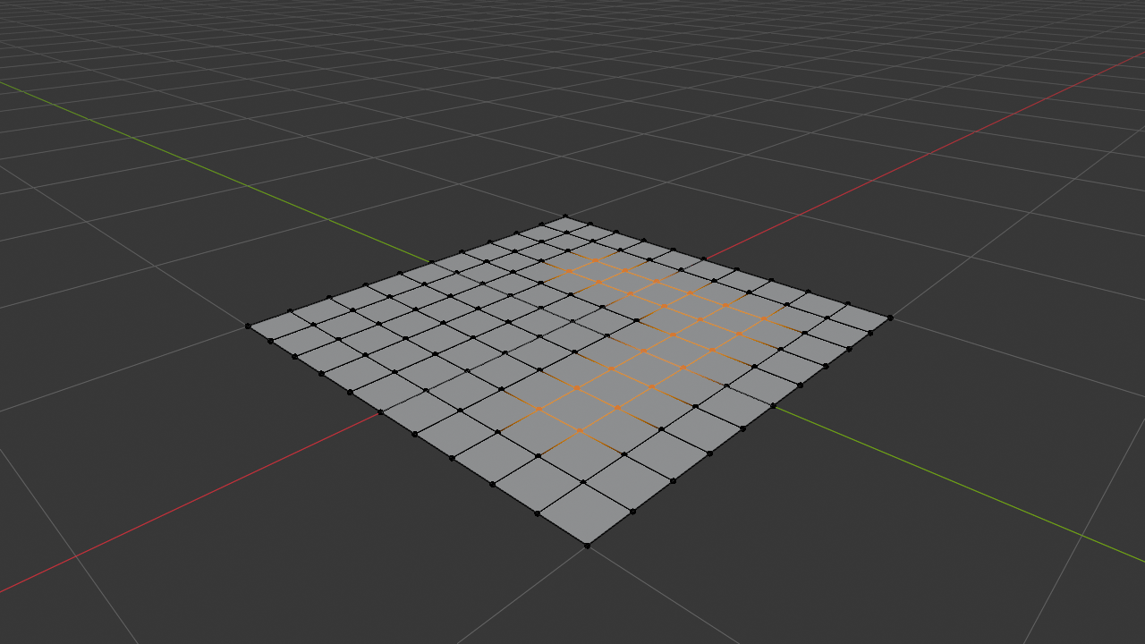 Subdivided grid plane in Blender Edit Mode with vertex select active. An L-shape of 22 vertices is selected in orange, with a horizontal arm running along the lower half of the grid and a vertical arm extending up the right side. A white dashed closed polyline traces an organic hand-drawn outline around the L-shape to indicate the lasso path that produced this selection.