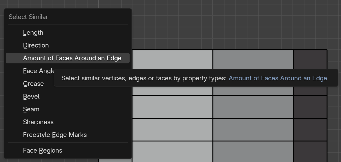 Blender 3D viewport in Edit Mode with face select active. A Shift+G Select Similar popup menu is open and displays the full list of similarity options · Length, Direction, Amount of Faces Around an Edge, Face Angle, Crease, Bevel, Seam, Sharpness, Freestyle Edge Marks, Face Regions. The row reading `Amount of Faces Around an Edge` is hovered and shows the standard Blender hover highlight; a tooltip floats to its right with descriptive text.
