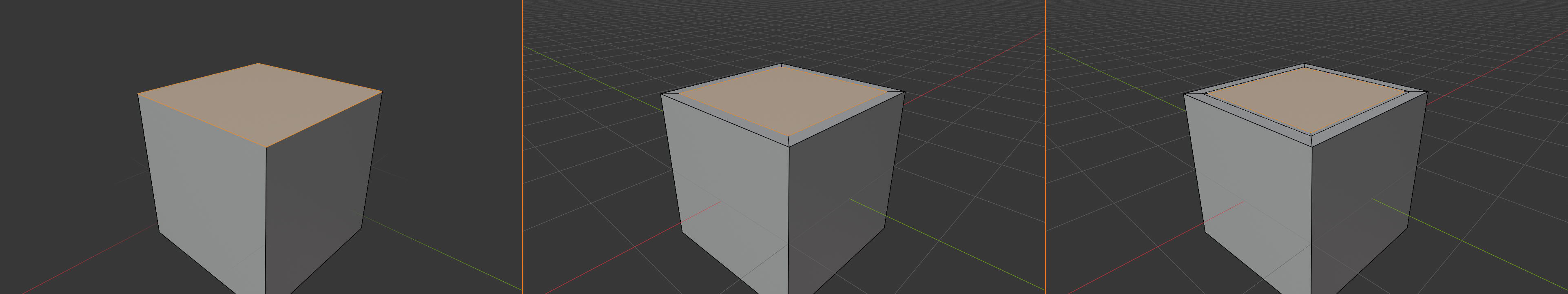 Three-panel horizontal composite showing the inset operation on a cube. Left panel: cube in Edit Mode with face select active and the top face selected in orange, no inset applied yet. Middle panel: the same cube after pressing I and moving the mouse inward, with a new inner face inside an outer border ring of four fresh quad faces; the new inner face is still selected. Right panel: a deeper inset progression with a second inset stacked on the inner face, producing two concentric inset borders. 2 px Blender-orange vertical dividers separate the panels.