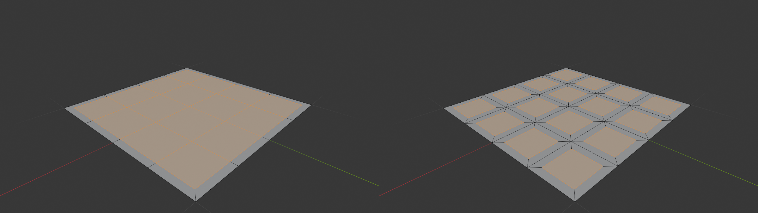 Two-panel horizontal composite showing the inset operation on a 4-by-4 subdivided plane. Left panel: all 16 grid faces selected and inset as a group, producing a single continuous outer border that frames the whole 4-by-4 region as one unit. Right panel: the same starting selection inset individually with the I-twice toggle, where each of the 16 faces carries its own independent border. A 2 px Blender-orange vertical divider separates the panels.