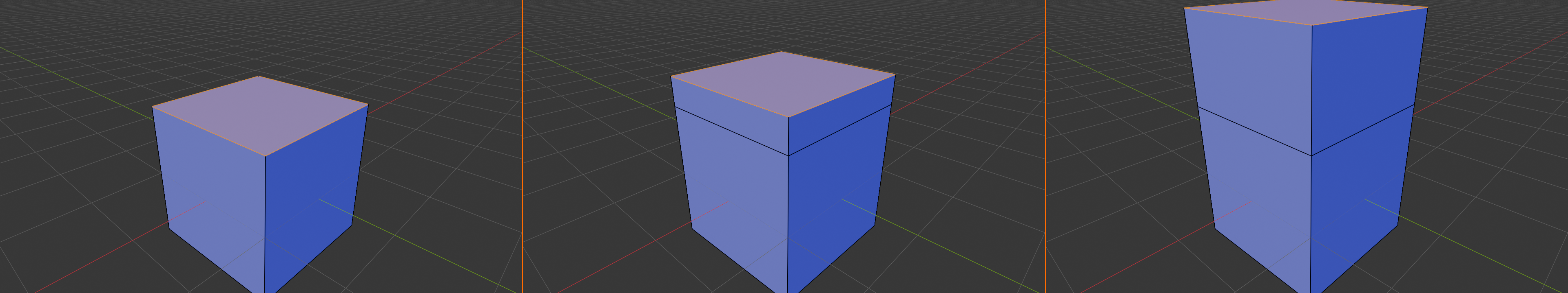 Three-panel horizontal composite showing the basic extrude operation on a cube in Edit Mode. Left panel: cube in face select with the top face selected, no extrude yet. Middle panel: same cube after a partial extrude that pushed the top face up 0.4 m, with new connecting side walls forming below the lifted face. Right panel: same cube after an additional translation reached a total height gain of 1.2 m, the new top face still selected. 2 px Blender-orange vertical dividers separate the panels.