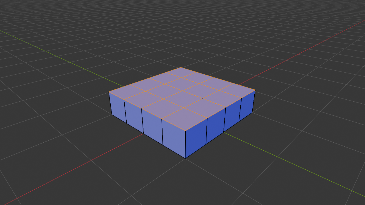 Subdivided 4 by 4 plane in Edit Mode after Extrude Individual Faces lifted all 16 quads up 0.5 m each. The grid of 16 separate pillars stands with visible vertical gaps between every pillar, since every face was extruded as its own independent piece rather than as one connected unit.