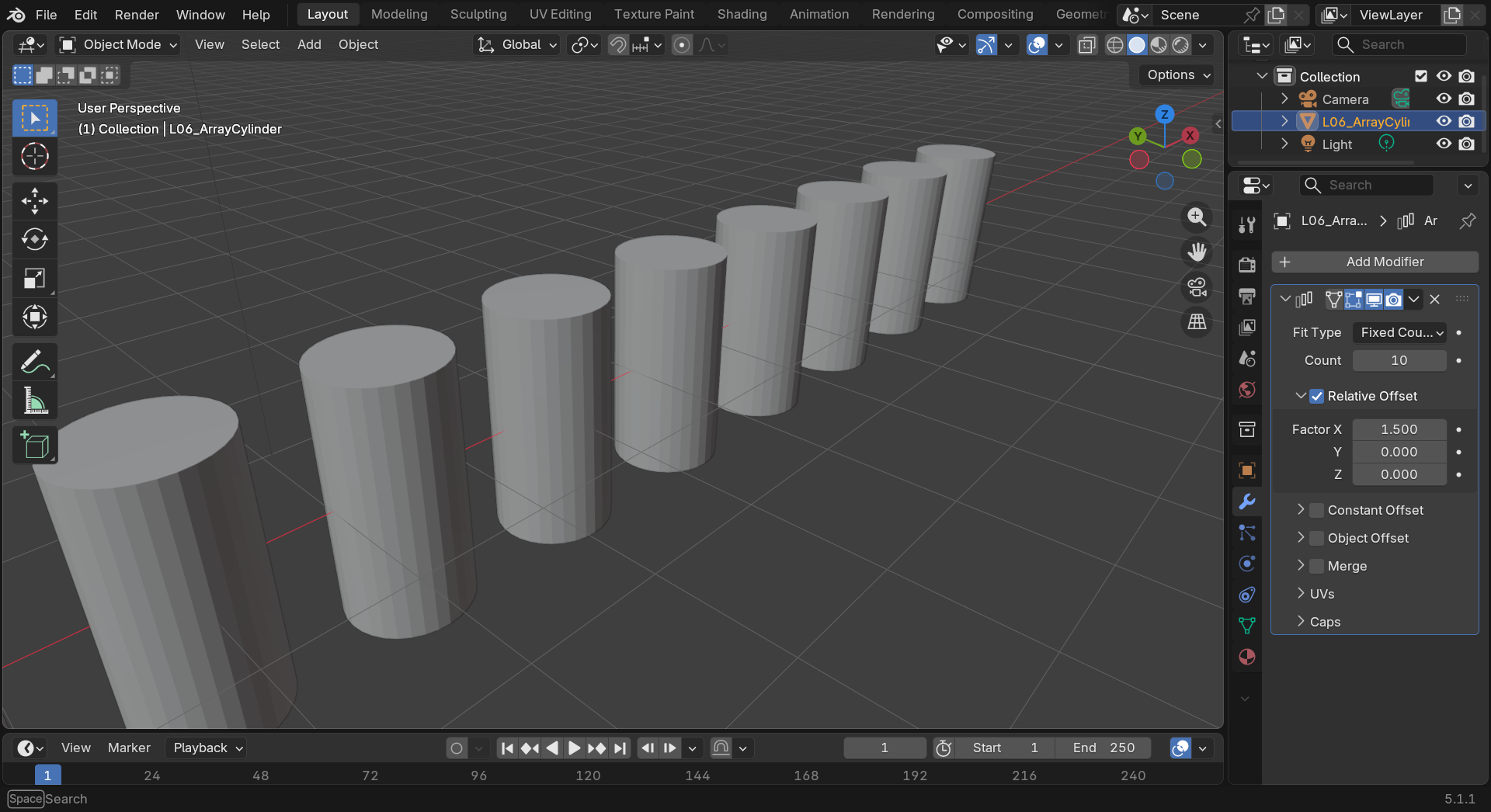 Full Blender window in Object Mode with the Properties editor open to the Modifiers tab. The right panel shows the Array Modifier added to L06_ArrayCylinder with Count set to 10 and Relative Offset X set to 1.5, while the 3D viewport on the left shows the resulting row of ten cylinders stepping along the X axis. Three positive-green pill badges mark the Count field, the Relative Offset row, and the Merge checkbox.