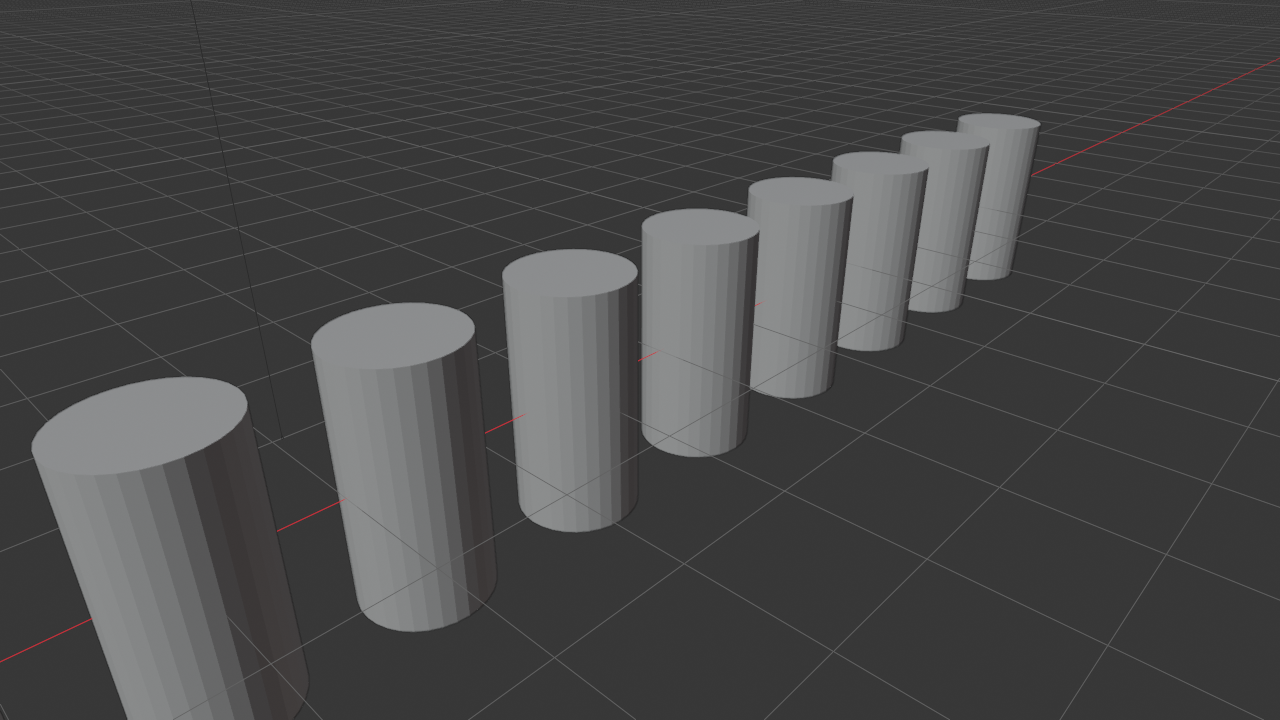 Ten cylinders in a single row along the X axis, generated by an Array Modifier with Count 10 and Relative Offset X 1.5. The cylinders sit on the world floor grid, evenly spaced, each one identical to the original, with the rightmost cylinders falling into the distance under user-perspective view.