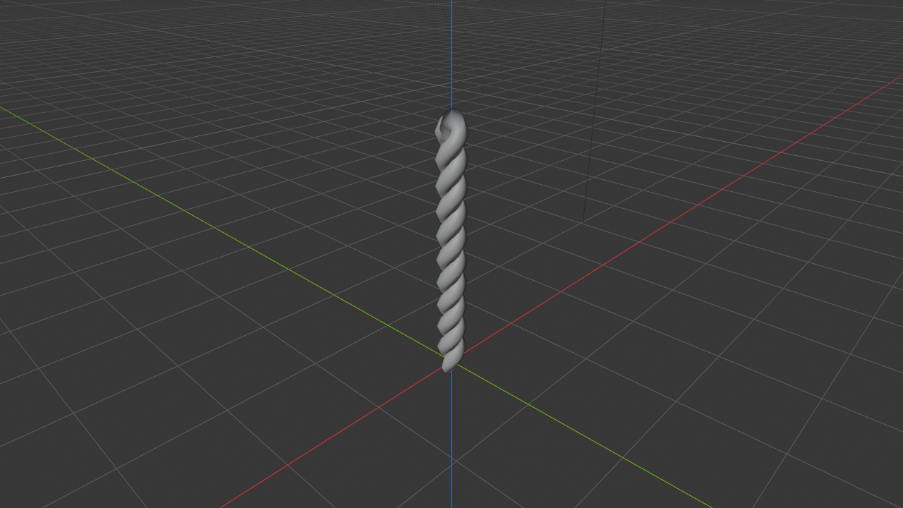 Helical spring rendered in solid shading, generated by adding a Screw Modifier to a small vertical circle with Iterations set to 5. The spring climbs along the Z axis with five full coils, each loop offset half a meter above the previous one. The floor grid and world axes overlay anchor the spring vertically.