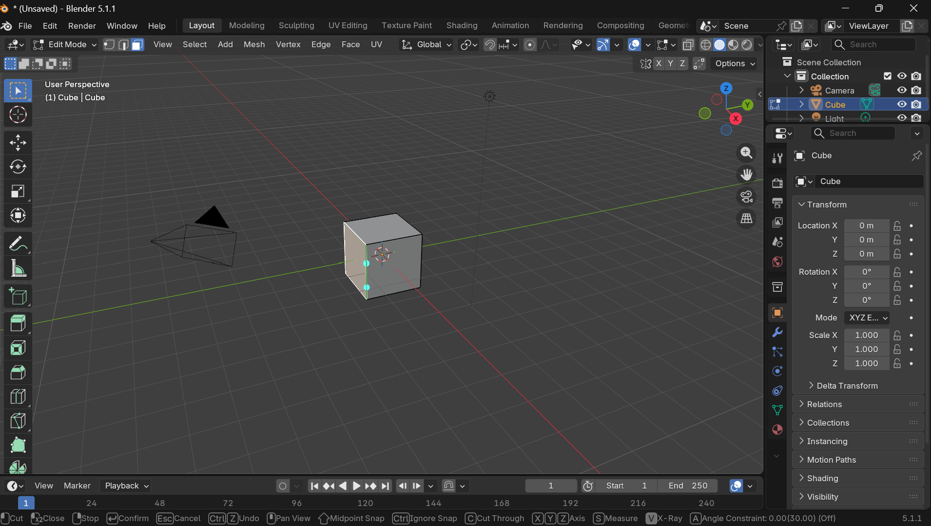 Default cube in Edit Mode with the Knife Tool active. A crosshair sits over the front face, two cut points have already been placed and are visible as small dots on the face surface, and a faint in-progress cut line connects them. The viewport shows the live knife modal session against the user-perspective view of the cube.