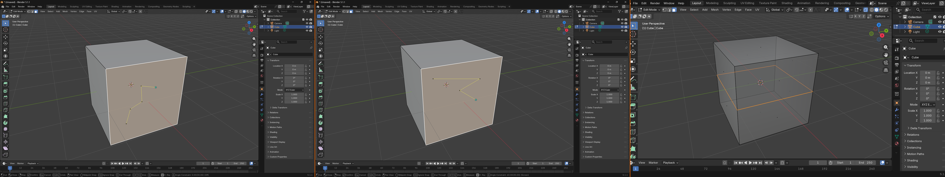 Three-panel horizontal composite of the Knife Tool in three different modal states on the same default cube. Left panel: a freehand zigzag cut crosses the front face with four non-collinear cut points marking a curved path. Middle panel: an angle-constrained straight horizontal cut runs across the face. Right panel: a cut-through cut crosses the cube with X-ray shading on, so the dashed back-face portion of the cut is visible through the mesh. 2 px Blender-orange vertical dividers separate the panels.