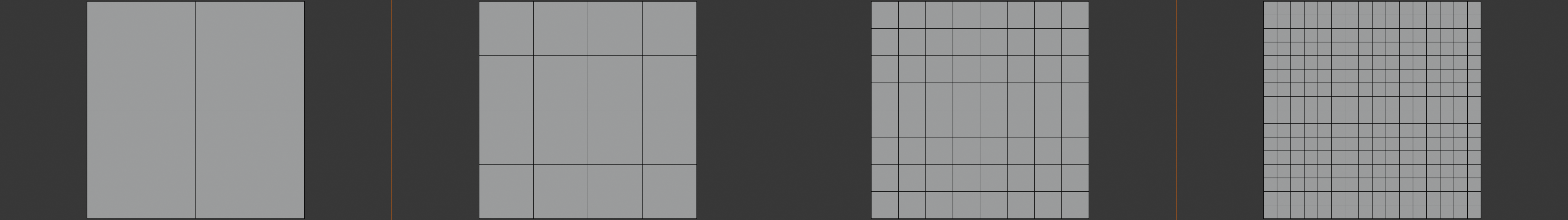 Four-panel TOP ortho composite of a square plane subdivided progressively. Panel 1: the plane after one Subdivide call, a 2x2 grid of four faces. Panel 2: after a second Subdivide, a 4x4 grid of sixteen faces. Panel 3: after a third Subdivide, an 8x8 grid of sixty-four faces. Panel 4: after a fourth Subdivide, a 16x16 grid of two hundred and fifty-six faces. WIREFRAME OVERLAY is on so the subdivision lines read clearly against the face fill. 2 px Blender-orange vertical dividers separate the panels.