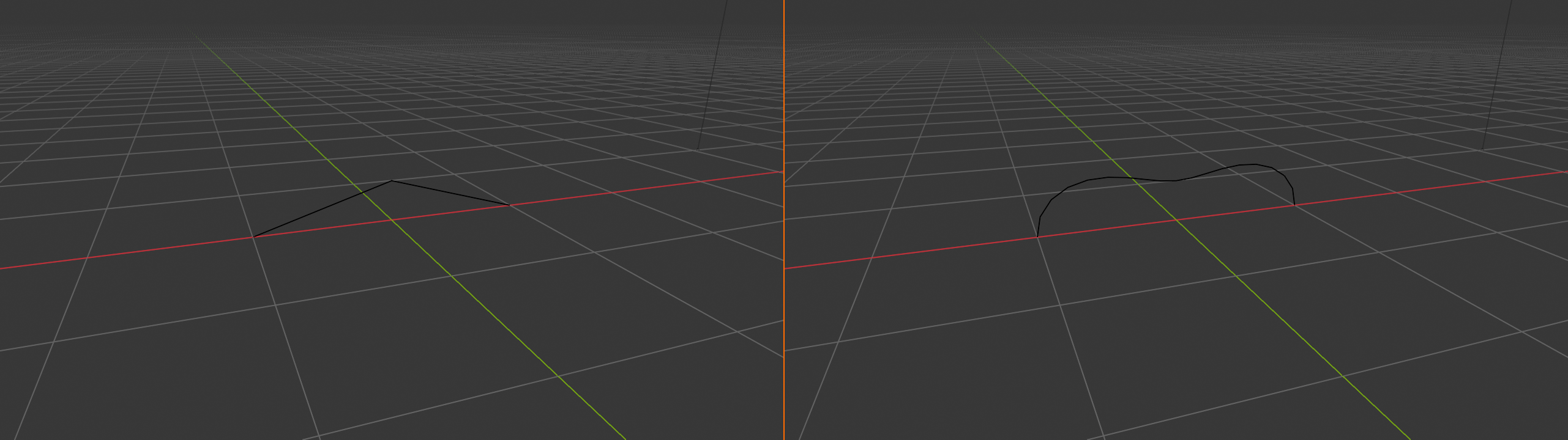 Two-panel side-angle composite of a V-shaped polyline mesh subdivided with the Smoothness slider set to two different values. Left panel: Smoothness 0.0, the subdivided V keeps its angular geometry, the new midpoint vertex landing exactly on the original line between the V's two endpoints, so the V remains a sharp angle. Right panel: Smoothness 1.0, the same V with Smoothness pushed to maximum, the new midpoint vertex bulging outward from the original line into a rounded arc that softens the V into a curve. A 2 px Blender-orange vertical divider separates the panels.