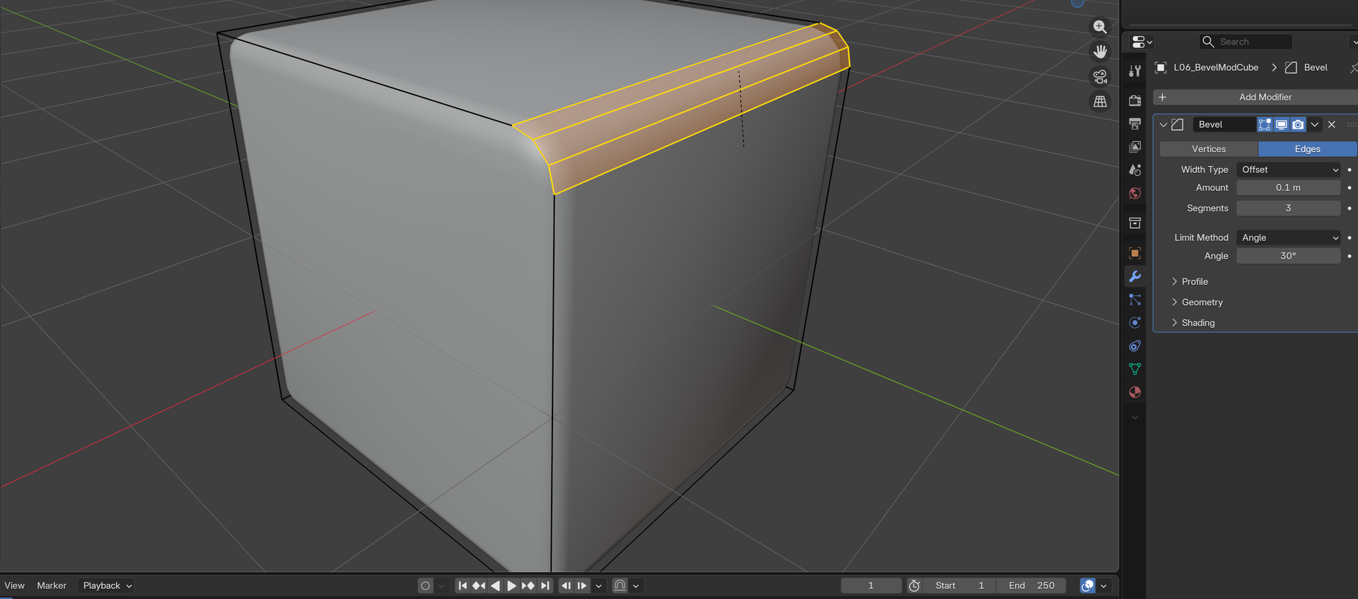 Full Blender window in Edit Mode on the bevel test cube with the Bevel modal operator active. A single front-top edge is selected and the bevel preview spreads across three segment bands highlighted in Blender-orange. Top-center floating text reads `Offset: 0.1735 m, Segments: 3, Profile Shape: 0.5` and the bottom modal hints bar lists the available adjustments (`Confirm` · `Esc Cancel` · `Ctrl Snap` · `M Width` · `A Width` · `S Segments` · `P Profile Shape`). The Bevel Modifier panel from the next figure remains visible in the Properties editor as bonus context.