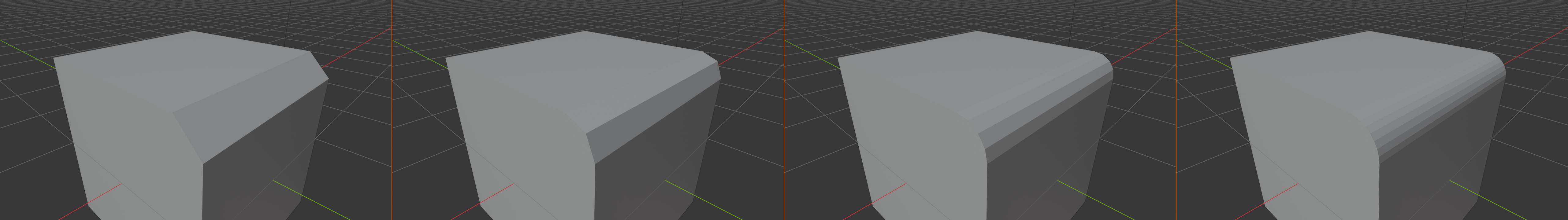 Four-panel user-perspective closeup composite of a single cube edge beveled at increasing segment counts. Panel 1: 1 segment, the chamfered edge reads as a single flat angled face. Panel 2: 2 segments, the bevel reads as a two-face arc with a single internal edge. Panel 3: 4 segments, a noticeably smoother rounded edge with three internal edges. Panel 4: 8 segments, the bevel reads as a nearly-perfect cylinder section. 2 px Blender-orange vertical dividers separate the panels.