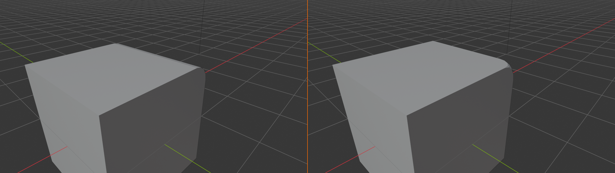 Two-panel composite contrasting Edge Bevel with Vertex Bevel on the same starting cube. Left panel labeled `EDGE BEVEL`: the cube's front-top-right edge has been beveled with `affect='EDGES'` at offset 0.3 and segments 4, producing a smooth rounded chamfer that runs the full length of the selected edge. Right panel labeled `VERTEX BEVEL`: the same cube's front-top-right corner vertex has been beveled with `affect='VERTICES'` at the same offset and segments, producing a triangular faceted cut that affects only the single corner. A 2 px Blender-orange vertical divider separates the panels and positive-green pill badges at the bottom of each panel name the bevel mode.